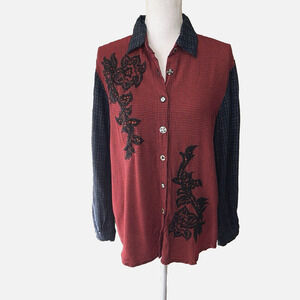 Faith by Celia Forrester Button up Top‎ Sz L Red Blue Embroidered Beaded Floral